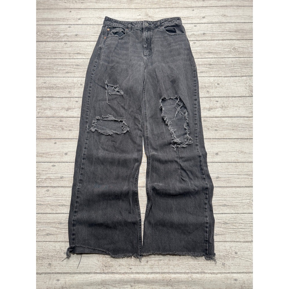 Garage Jeans Women's 9/29 Black Denim Wide Leg Baggy High Rise Distressed Ripped